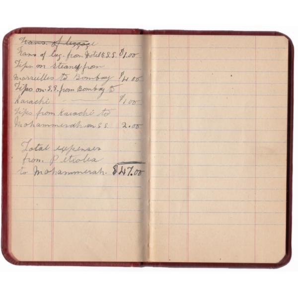 Second page of a list of total expenses for the trip from Petrolia to Iran, the total being $47.00. Written in black ink on yellow paper with blue row lines and red column lines. 