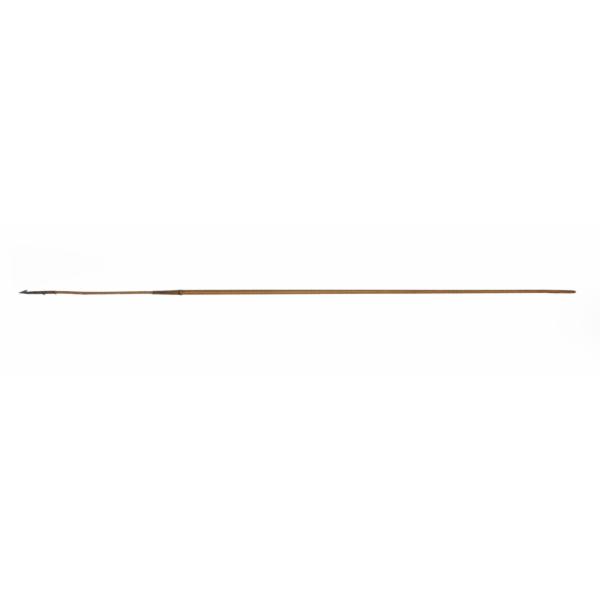 A spear with a metal head tied to a brown wooden shaft with string. The spearhead has a large barb on the end and a smaller one closer to the shaft.