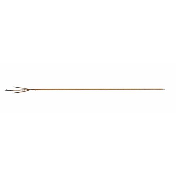 A three-pronged spear made of wood with metal spearheads tied to the ends. The ends of the three prongs are woven onto the end of a main shaft of wood using string. The metal spearheads have a single barb on the end and a smaller barb toward the shaft.