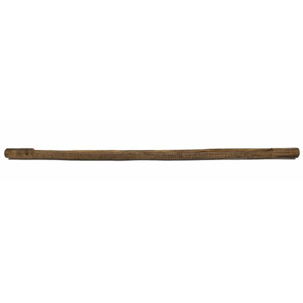 A brown reed instrument with carved bands along its body. There is a groove cut out on top between the mouthpiece and the end. The mouthpiece and end are smooth. 