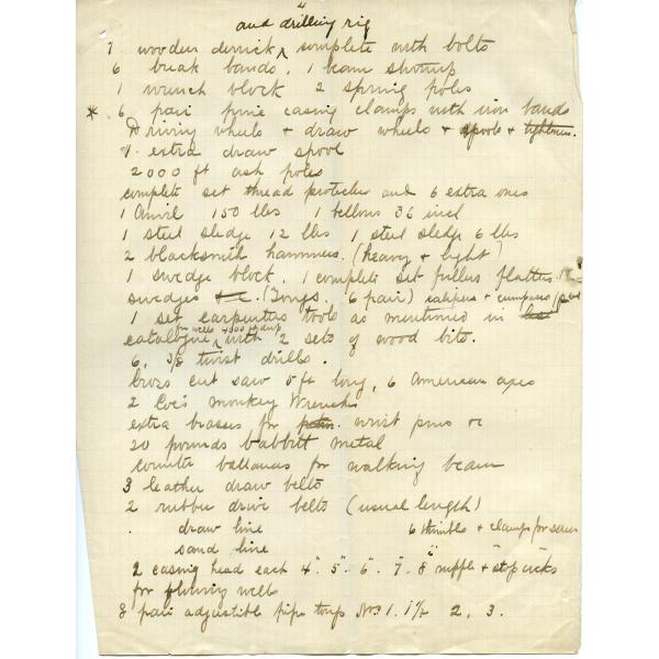 A list written with black ink on a yellowed piece of papers with faded blue lines. There are numbers followed by a list of the required tools. The number "4" is at the top of the page. 