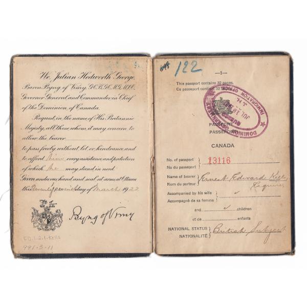 Inside cover of passport belong to Ernest Kells, showing passport number, name of bearer, and nationality.  