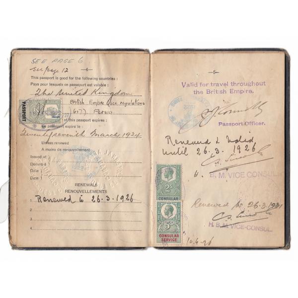 Pages four and five of passport belonging to Ernest Kells. It states the countries where the passport can be used and when it was renewed. 