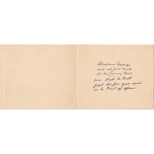 L’intérieur d’une carte de Noël avec une note manuscrite de M. Tracy. La note est écrite à l’encre noire. 