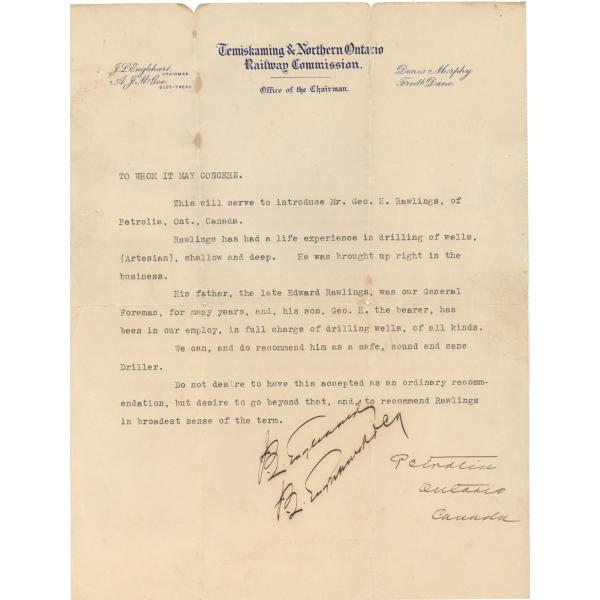 A typed and signed letter of recommendation for George Rawlings. The paper is yellowing and the ink is black. 