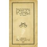The cover of a booklet entitled, "Notes for the Guidance of Members of the Staff  proceeding to the United Kingdom on Leave". There is a symmetrical line drawing in the centre and the publishing information at the bottom. 