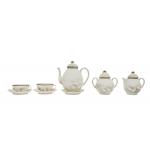 A white, bone china tea set consisting of two tea cups and saucers, a teapot, creamer, and sugar bowl, decorated with white ibis birds. There are lids rimmed with gold on the teapot, creamer, and sugar bowl.