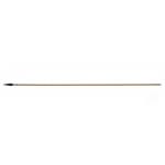 A wooden fishing spear. The shaft is light brown and cylindrical. The head is dark brown and shaped like a diamond. The two pieces are held together by a piece of string.