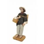 Painted clay figurine of a man in a straw hat, carrying a basket.