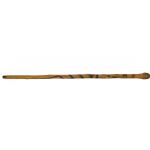 A light brown bamboo walking stick with a piece of metal on the end. The handle is bulbous and has circles carved into it. The shaft is decorated with images of monkeys and a snake that wraps around the cane.