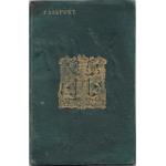 Green front cover of the Indian passport. "PASSPORT" is written in gold, and there is a gold crest on the front. 
