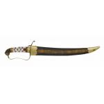 A sheathed dagger pointing right. The tip and hilt are gold and there is a strip of gold fabric along the blue velvet sheath. There is mother-of-pearl inlaid in the haft.