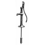 An illustration of a hand-pump. There is a spout coming off of a black rod with a drawing pipe below. There is a curved handle on the right side.
