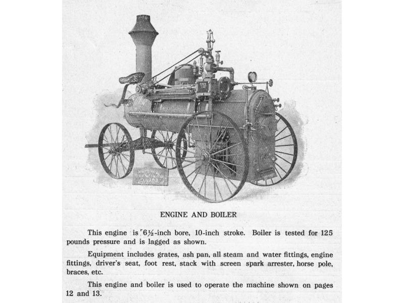 An illustration of an engine and boiler, including the gauges and door at the front. It has two sets of wheel, smaller at the back and larger in the front. There is a chimney at the back.