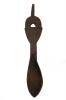 The front of a wooden carved spoon decorated with diagonal hatching on the handle. There is a triangular hole in the middle of the handle and a stem at the top.  