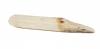An ivory-coloured hippopotamus tooth. It is long and slender and pointed at the end. The end has a band of orange colouring on it. 